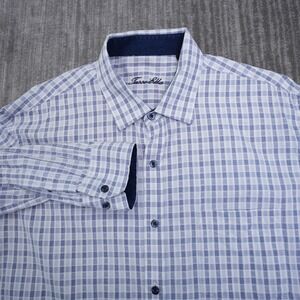 Tasso Elba Mens XL Blue White Plaid Cotton Button Down Shirt Long Sleeve Lined